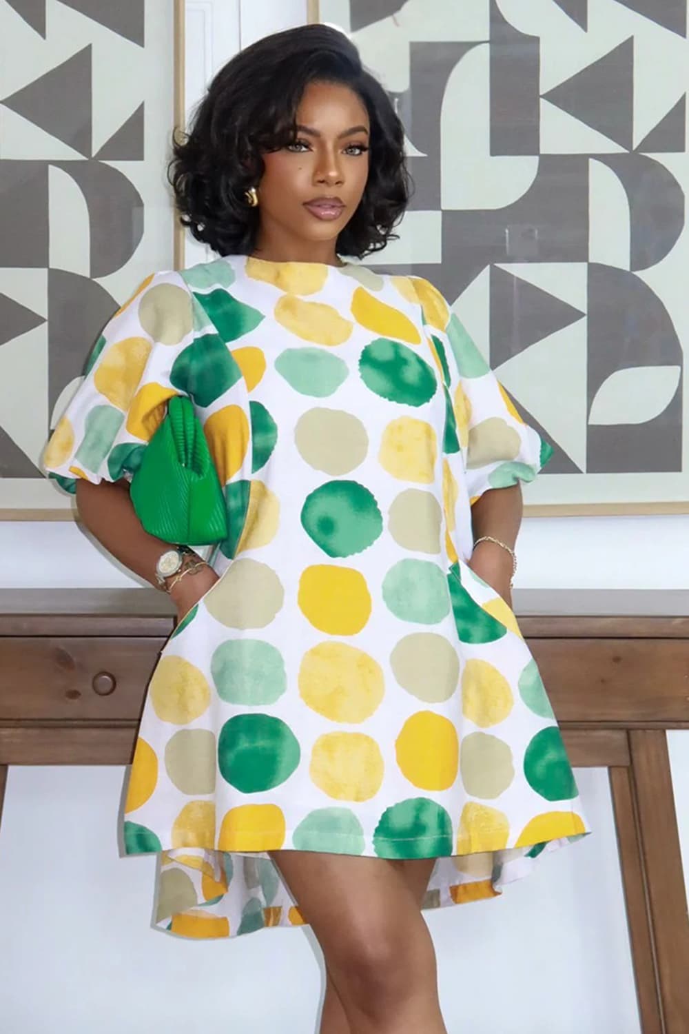 All Over Print Puff Sleeve Loose Fit Mini Dresses-Multicolor Multicolor-2XL
