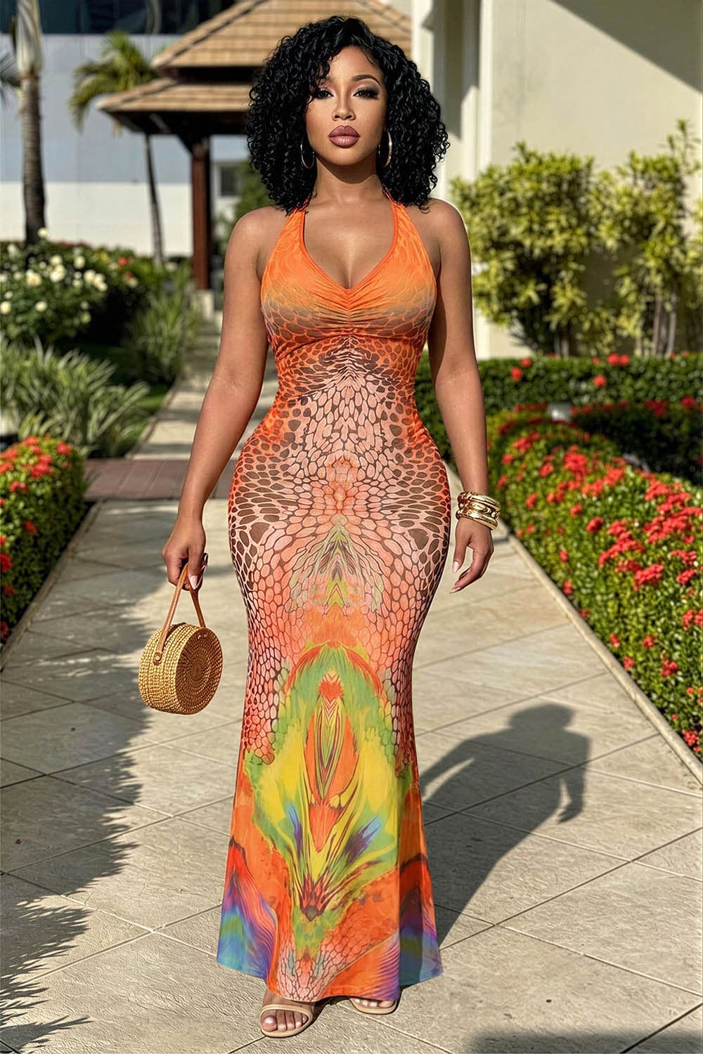 Halter Backless Animal Print Slim Vacation Maxi Dresses-Orange Orange-2XL