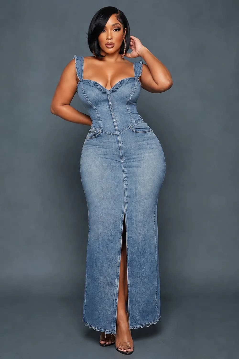 Wide Strap Sweetheart Neck Slit Vacation Denim Maxi Dresses-Blue [Pre Order] Blue-3XL