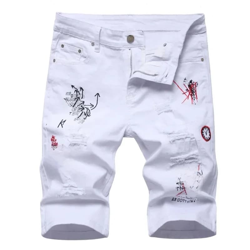 Men Summer White Ripped Denim Shorts Male Holes Short Jeans New Fashion Streetwear Stretch Jeans Shorts Pants Srtaight Fit Jeans
