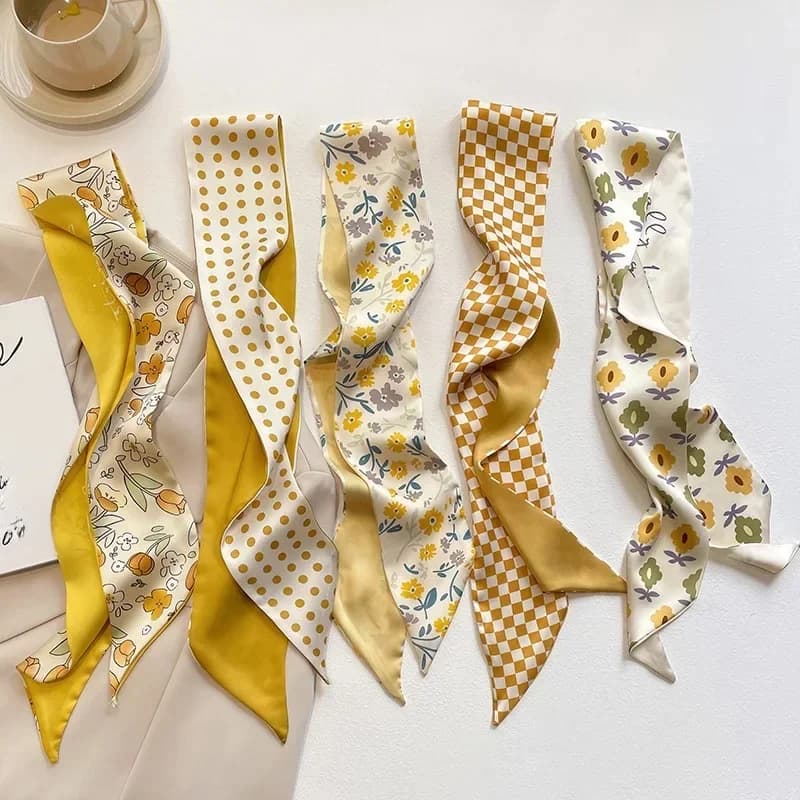 Yellow pastel color multifunctional decoration small silk scarf, women's French hair collar scarf bag accessories