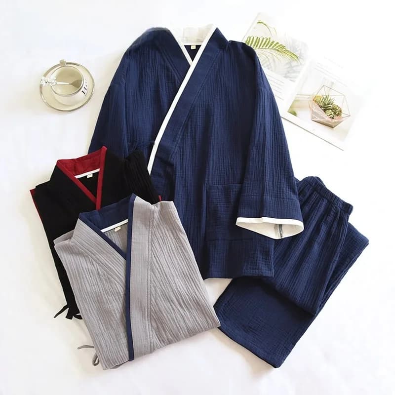 Japanese Style Spring and Autumn Thin Men's Kimono Hanfu Pure Cotton Gauze Pajamas Plus Size Home Steaming Suit