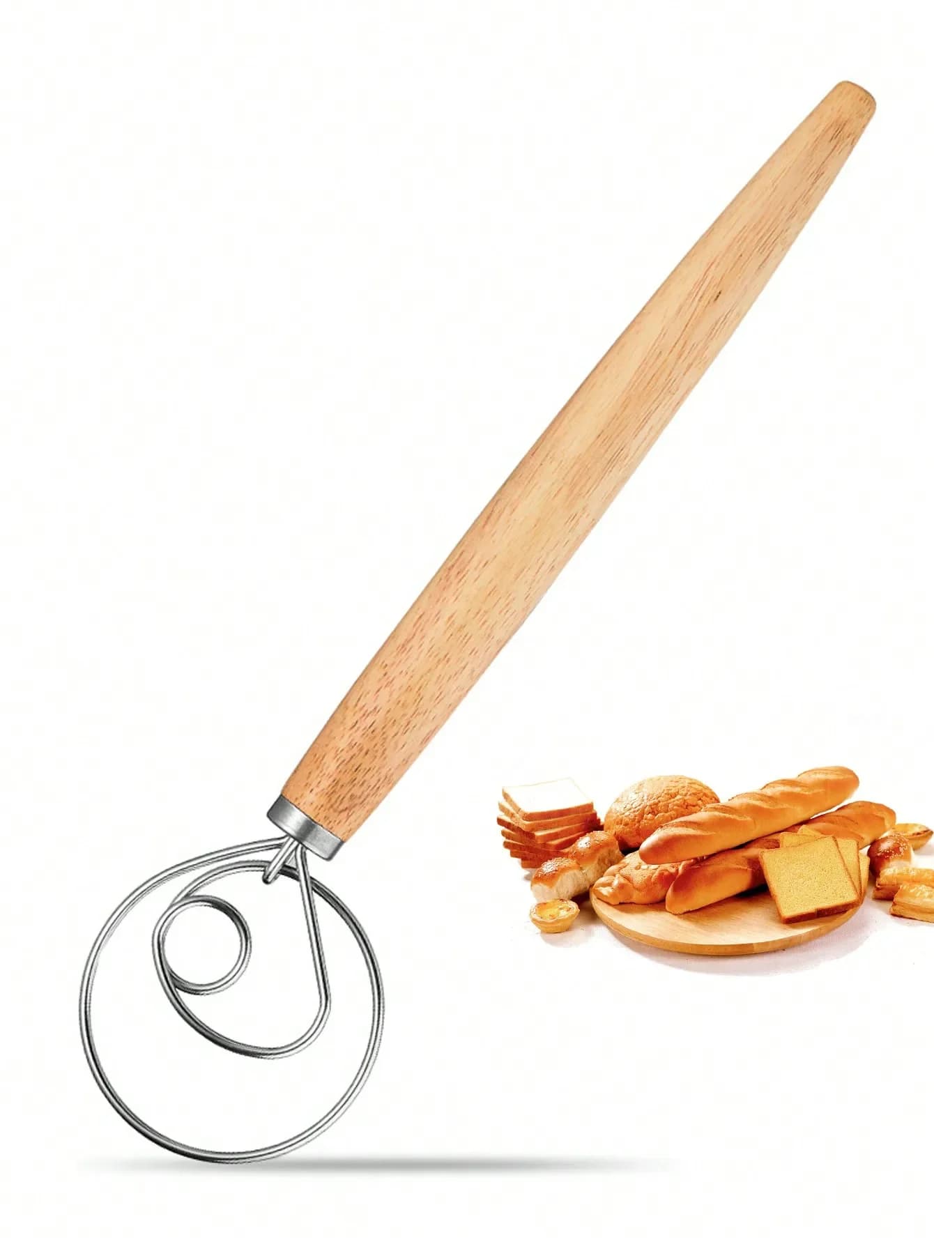 Leeseph Danish Dough Whisk 13" Bread Mixer Hand Making Tools with Wooden Handle Stainless Steel Kitchen Baking Tools Supplies