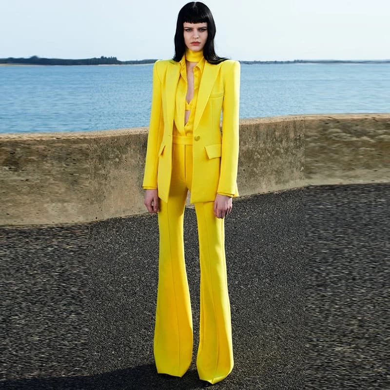 HIGH STREET Newest 2026 Runway Designer Suit Set Women's Single Button Blazer Flare Pants Suit