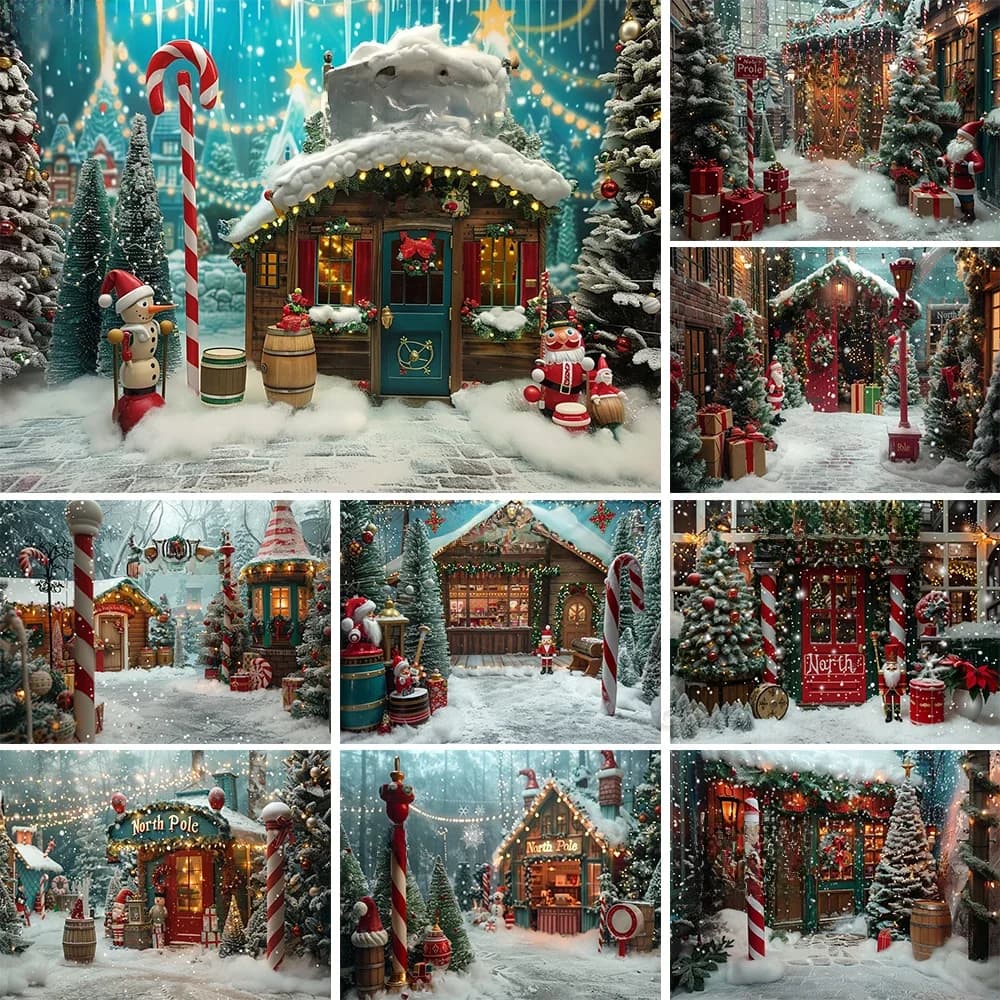Christmas Photography Background North Pole Candy Cane Town Fairy Tale Backdrop Xmas Gift Shop Kids Winter Outdoor Photocall