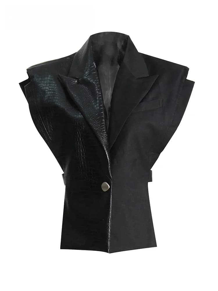 TWOTWINSTYLE Solid Streetwear Patchwork Leather Waistcoat For Women Lapel Sleeveless Spliced Belt Designer Vests Female Fashion