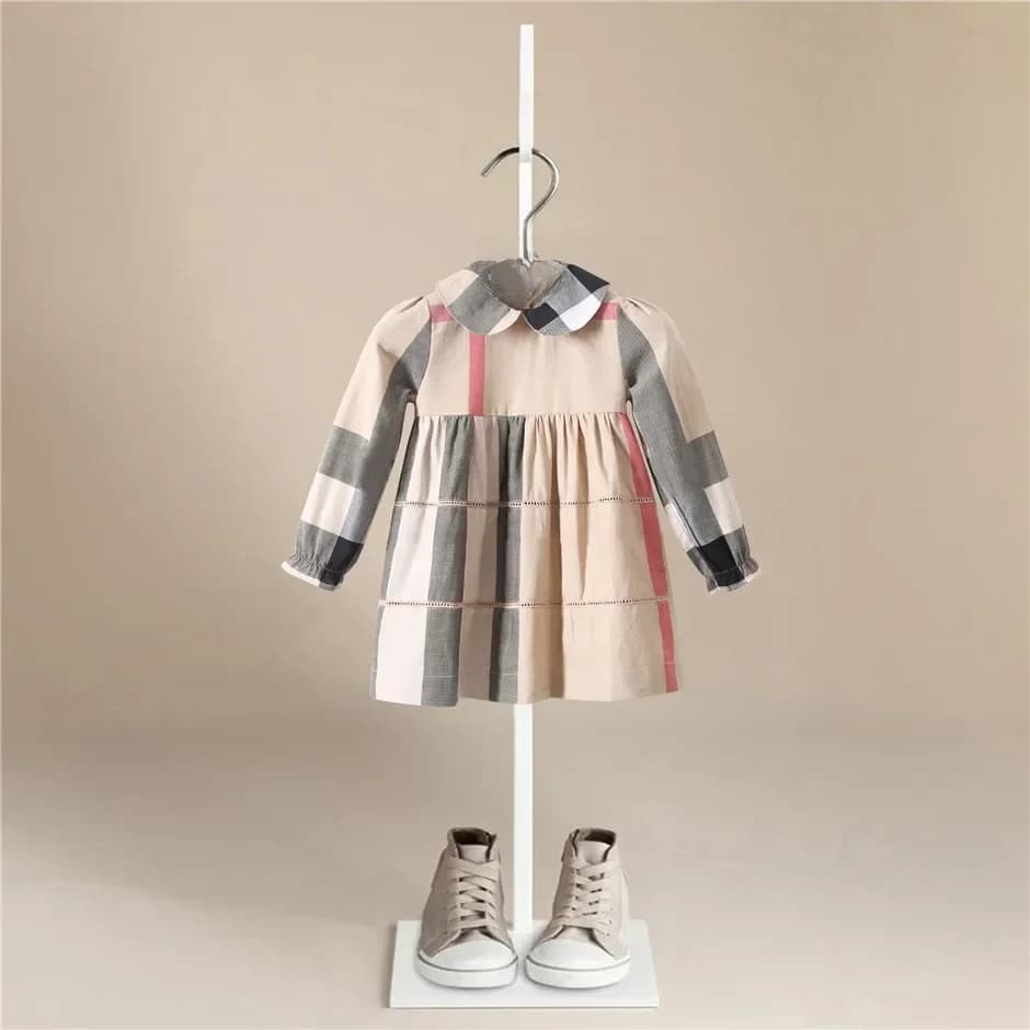 Luxury Girls Long Sleeve Plaid  Dress Girls Autumn New Style Turndown  Striped Sleeve Cotton Dress kids dresses for girls