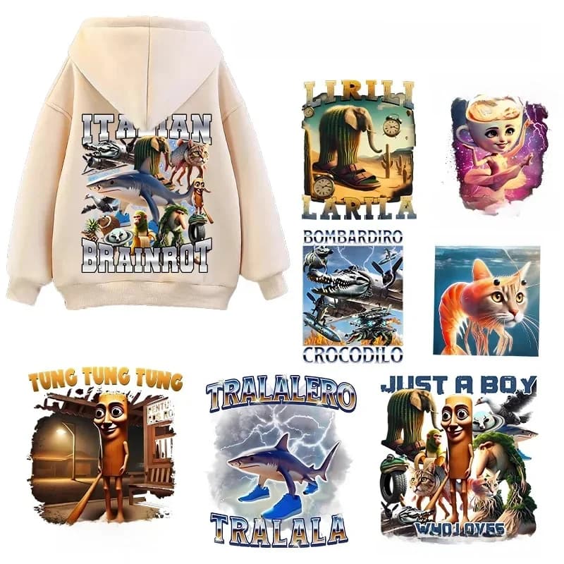 Italian Brainrot Iron on Patch Tung Sahur Decals Heat Thermo Adhesive Thermal Transfer Kids T Shirt Telala Funny Decor Sticker