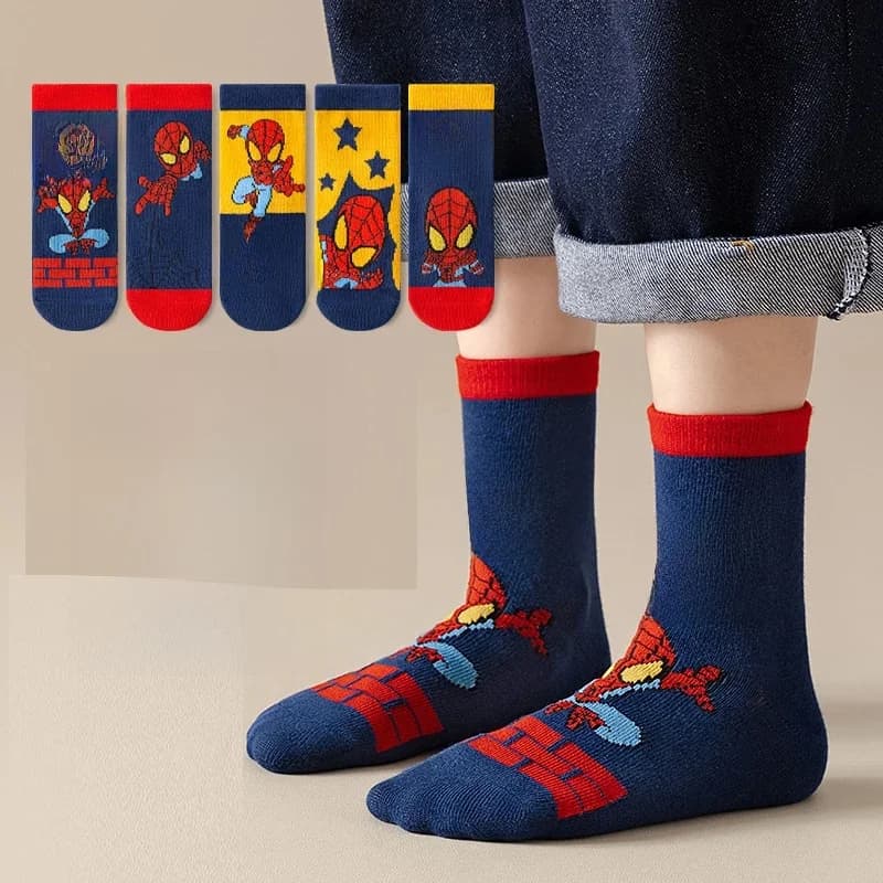 5 Pairs Children Sock Medium Length Anime Cartoon Comfort Warm High Quality Kids Baby Socks Boy Spiderman Socks Four Seasons
