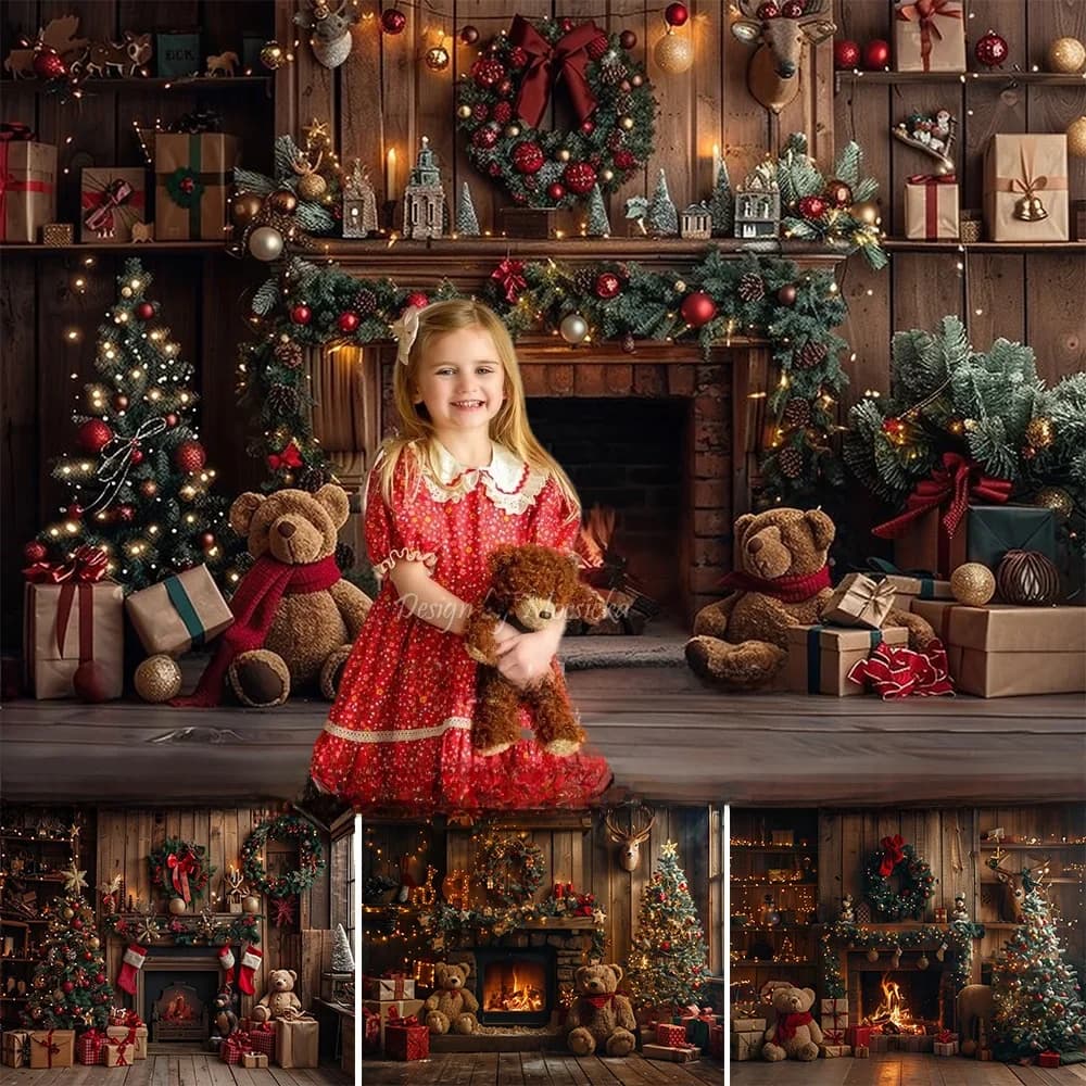 Christmas Toy Bear Gift Background for Winter Kids Birthday Photo Fireplace Xmas Tree Garland Wooden Backdrop Wall Indoor Studio