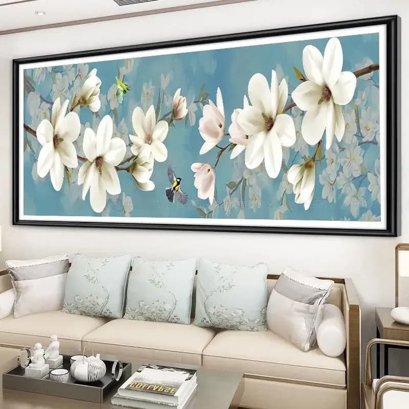 White Magnolia Flower Printed Canvas Cross Stitch Kits 11CT Cotton Thread Embroidery Kit DIY Set Needlework Cross-Stitch Decor