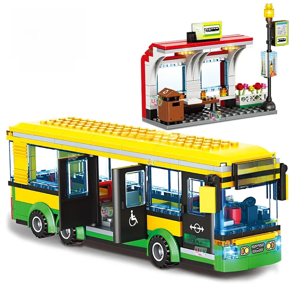 City Car Yellow Passenger School Bus Station Single-Deck Public Set Figures Model Building Blocks DIY Toys for Boys Gifts