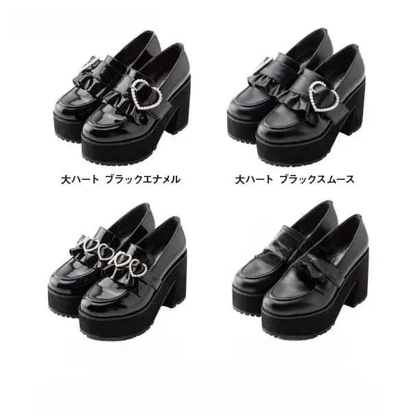 Japanese Fashion Waterproof Platform for Girl Thick Heel High Heels Platform Lolita Pearl Heart Buckle Pumps Black Leather Shoes