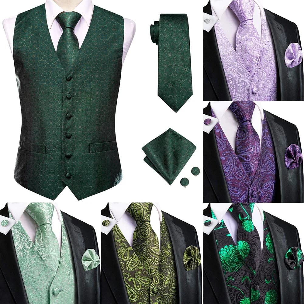 Men Vest Tie Elegant Solid Dress Sleeveless Jacket 4PC Hanky Cufflink Paisley Suit Waistcoat Wedding Gift Hi-Tie
