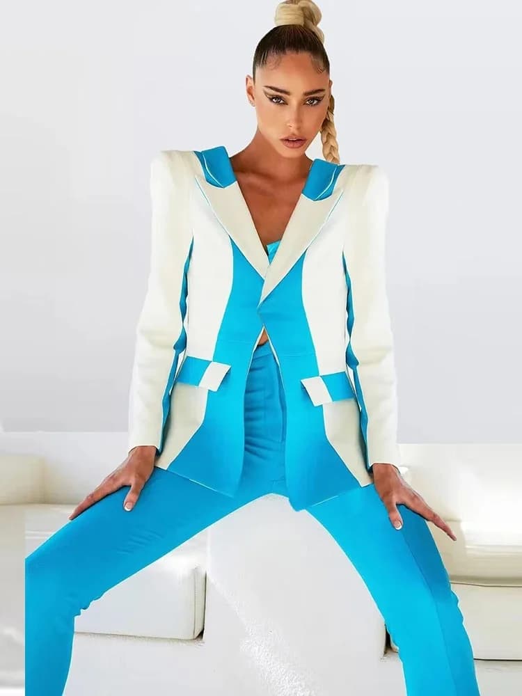 HIGH STREET Newest 2026 Designer Runway Suit Set Women's Contrast Color Block Blazer Pencil Pants Suit 2pcs