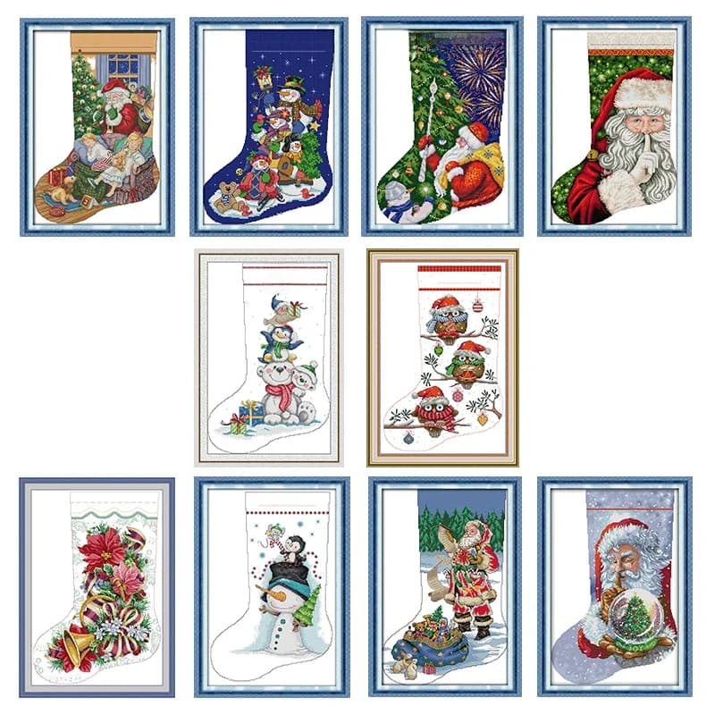 Christmas Stocking Cross Stitch Stamped Kit Printed Patterns 11CT 14CT Counted Fabric DMC Thread Decor Needlework Embroidery Set