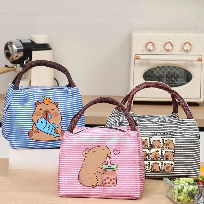 Capybara Portable Lunch Bags Cute Anime Printed Figures Stripe Freezer Camping Food Picnic Insulation Bag Boys Girls Storage Bag