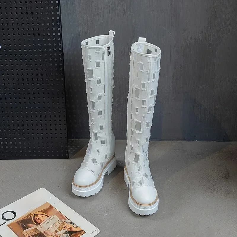 Cowboy Boots for Women Summer Denim Canvas Thick Soled Boots Breathable Hollow Mesh Inner Heightening Cool Boots Women  Botas