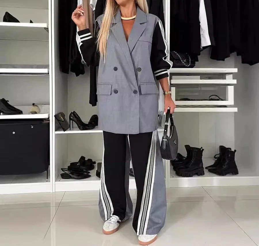 Casual Two Piece Sets Womens Outifits Fall Long Sleeved Patchwork Double Breasted Suit Coat Loose Pant Two-piece Set Winter 2024
