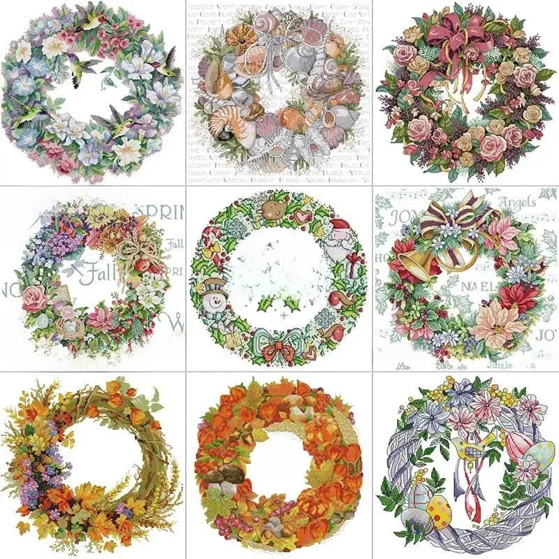 Flower Wreath Series Count Stamped Cross Stitch Kit Aida 14ct 16ct 11ct White Printed Fabric Embroidery Set DIY Home Decor Gifts