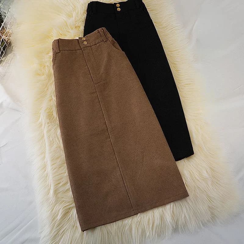 Midi Skirts Women Vintage Corduroy Autumn Minimalist All-match Elegant High Waist Office Ladies Casual A-line Fashion Pure Color