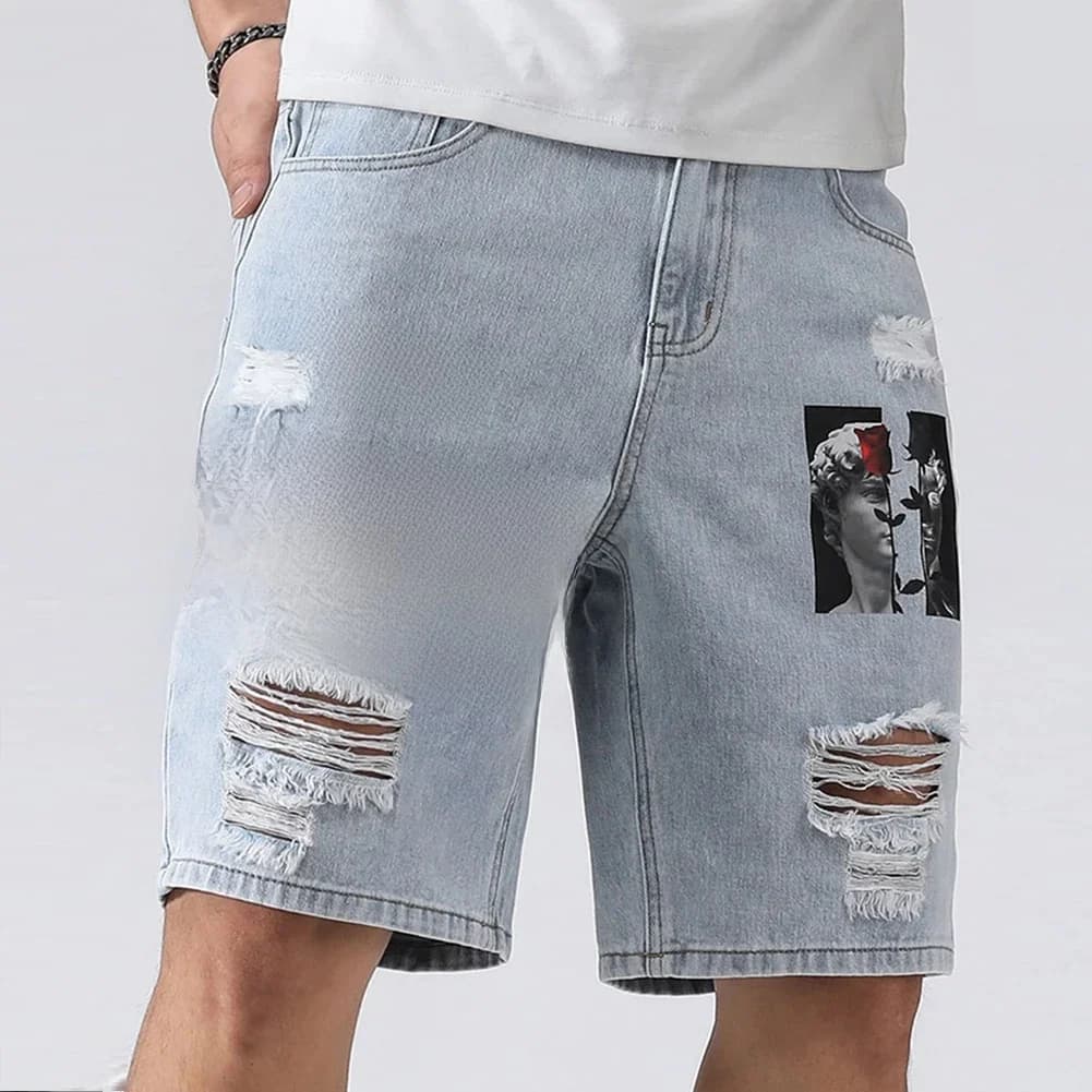 Men Summer Stretchy Denim Shorts Jeans For Men Streetwear Letter Ripped Knee length Baggy Comfort Cargo Casual Shorts Pants Jean