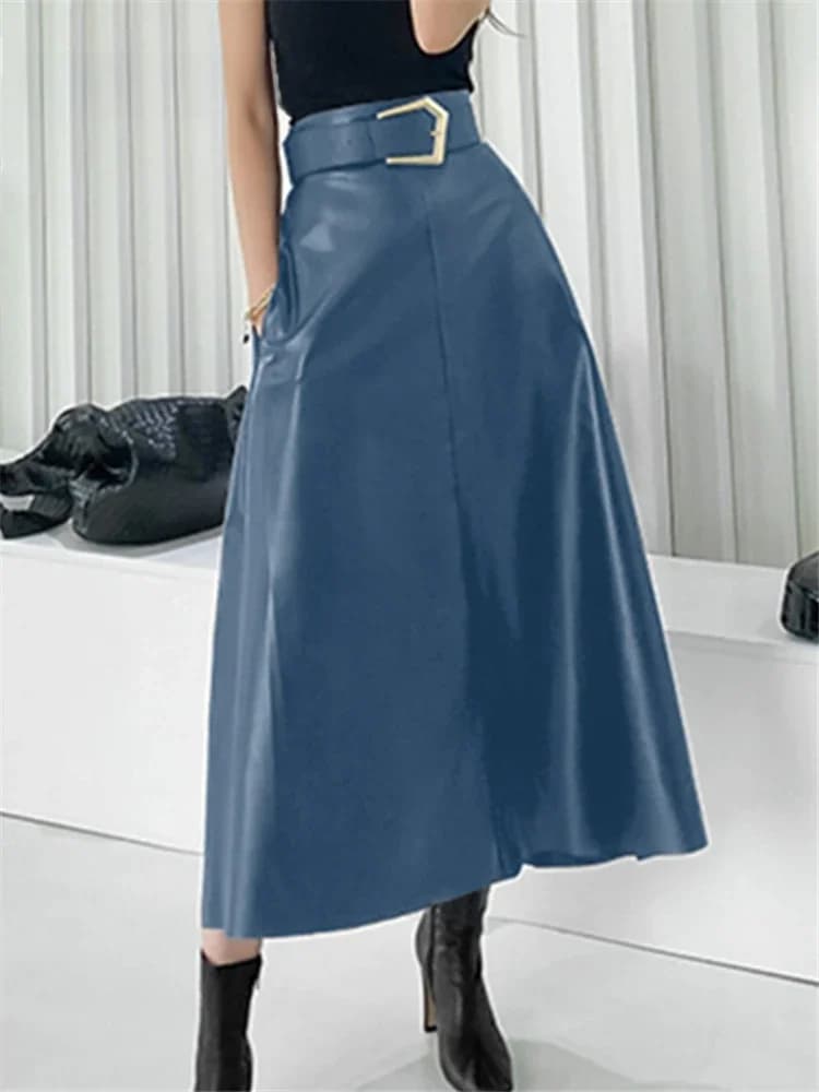 REALEFT Classic Faux PU Leather Long Skirts with Belted New High Waist Fashion Umbrella Skirts Ladies Female Autumn Winter