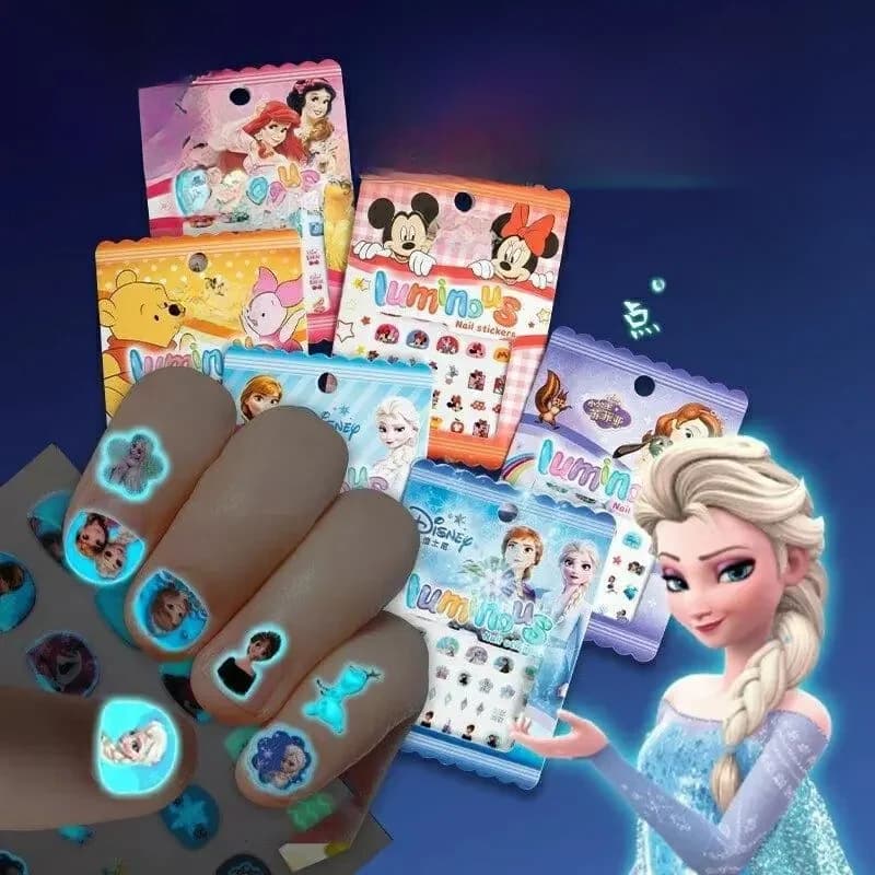 Disney Girls and Children's Nightglow Nail Stickers Ice and Snow Romance Princess Elsa Nail Stickers Cartoon Sticker Toys