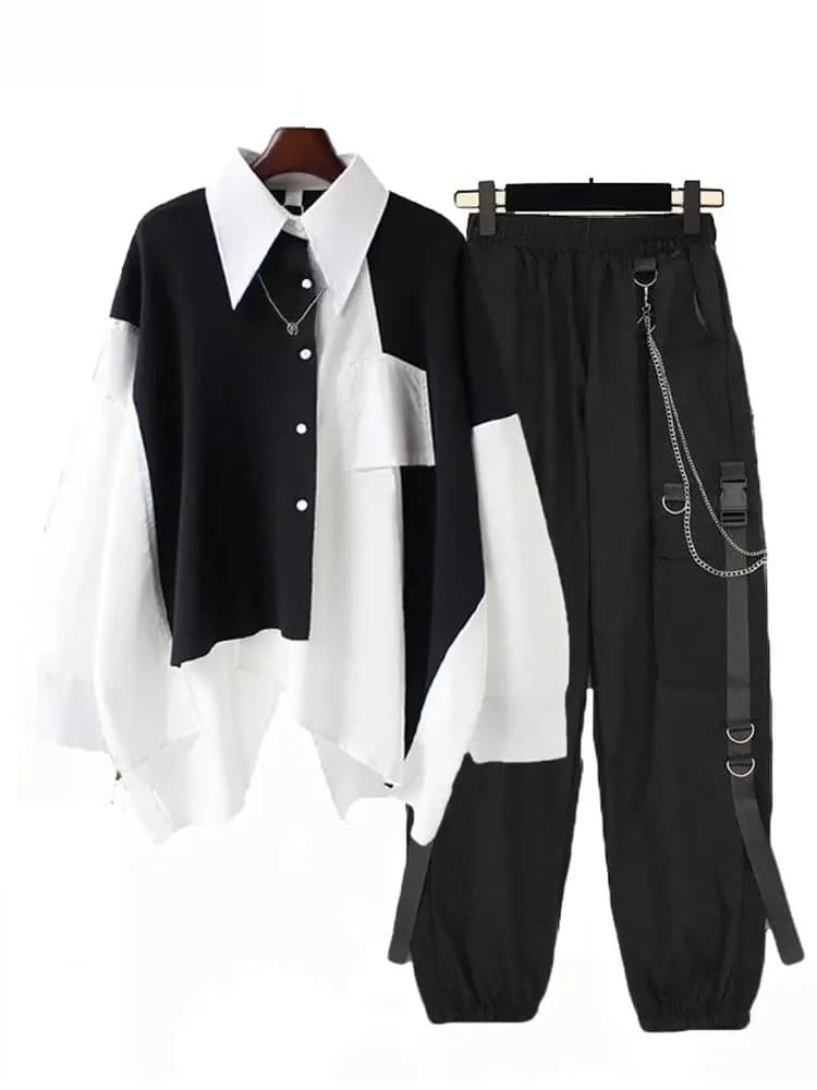2PCS Women's Streetwear Outfits Loose Long Sleeve Shirt Ribbon Chain Cargo Pants 2 Piece Sets Korean Casual Unisex Couple Suit