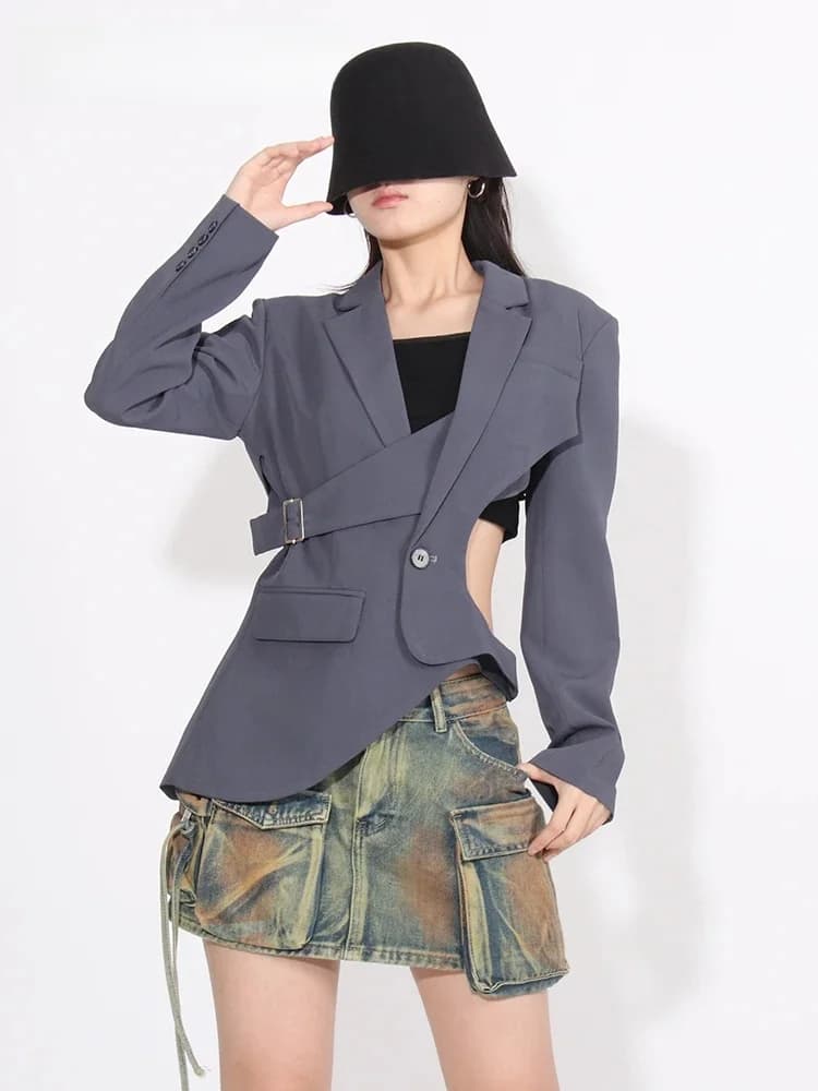 TWOTWINSTYLE Solid Hollow Out Asymmetrical Blazer For Women Notched Collar Long Sleeve Patchwork Pocket Chic Blazers Female New