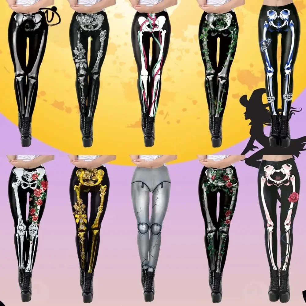 Nadanbao Women's Leggings Rose Skull Print Halloween Party Trousers Festival Holiday Streetwear Female Mid Wasit Tight Pants