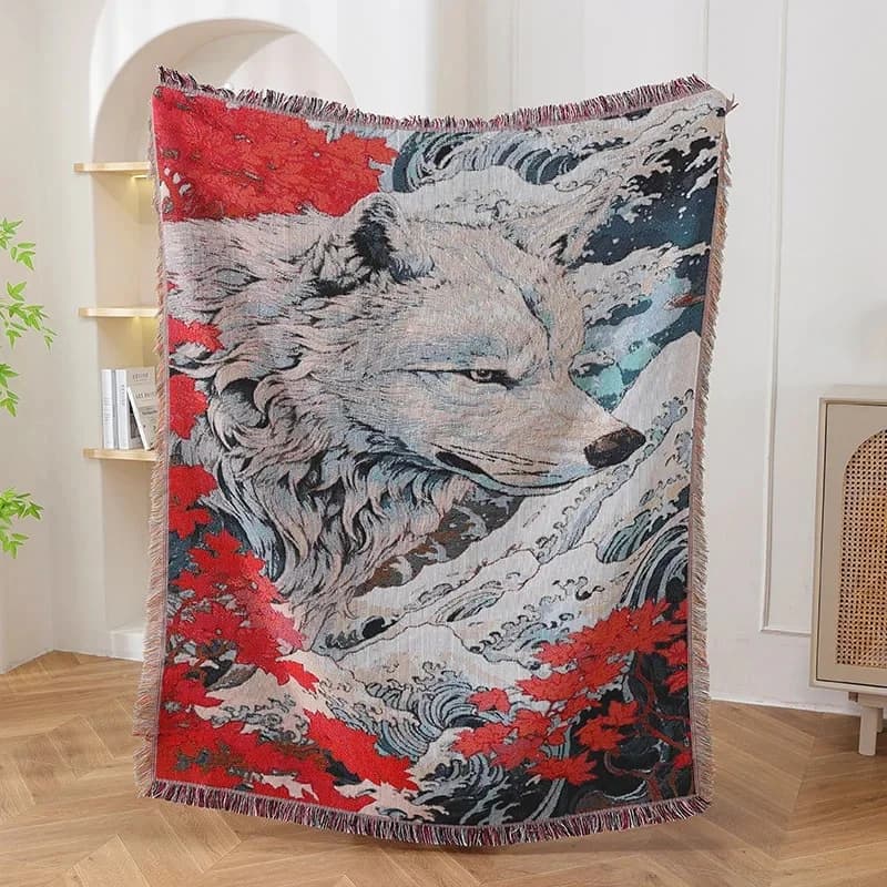 Textile City Vintage Japanese Ukiyo-e Wolf Jacquard Throw Blanket Red Maple Leaf Wave Art Woven Tapestry Sofa Decor Blanket