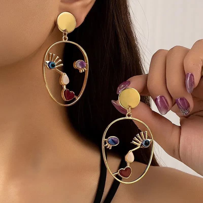 Creative Abstract Face Pendant Earrings For Women Gold-color Hollow Geometric Evil Eye Beads Dangle Earrings Female Jewelry K0