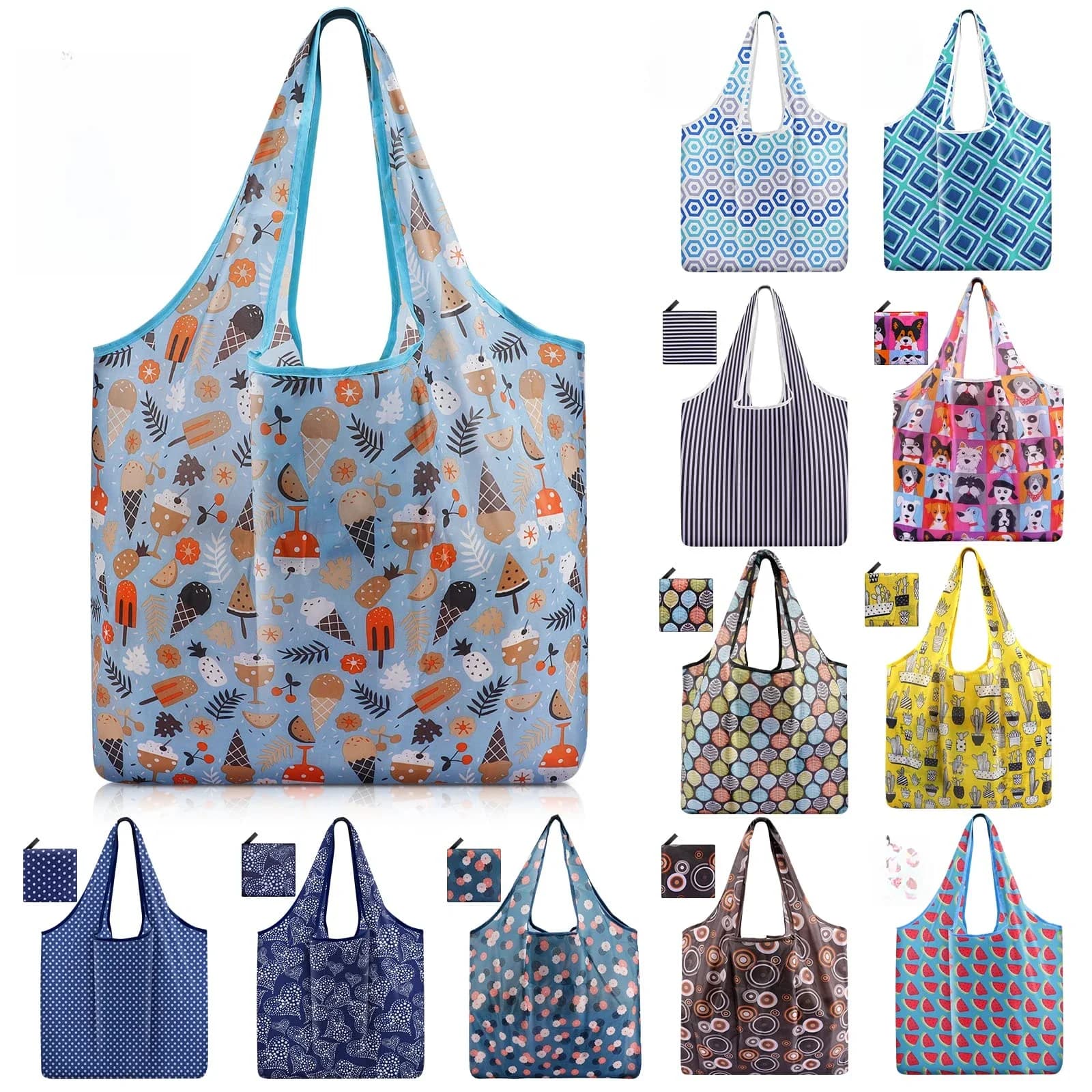 12/10Pcs Reusable Shopping Tote Bags Large Capacity Groceries Eco Bags Foldable Grocery Shoulder Shopping Bags Machine Washable