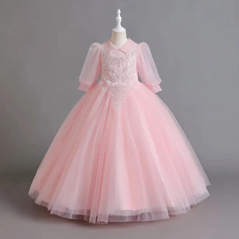 Children's Dress Long Sleeve Girls lace Embroidered Flower Prom Gowns Christmas Party Bridesmaid Ceremony Holiday Kids Clothing