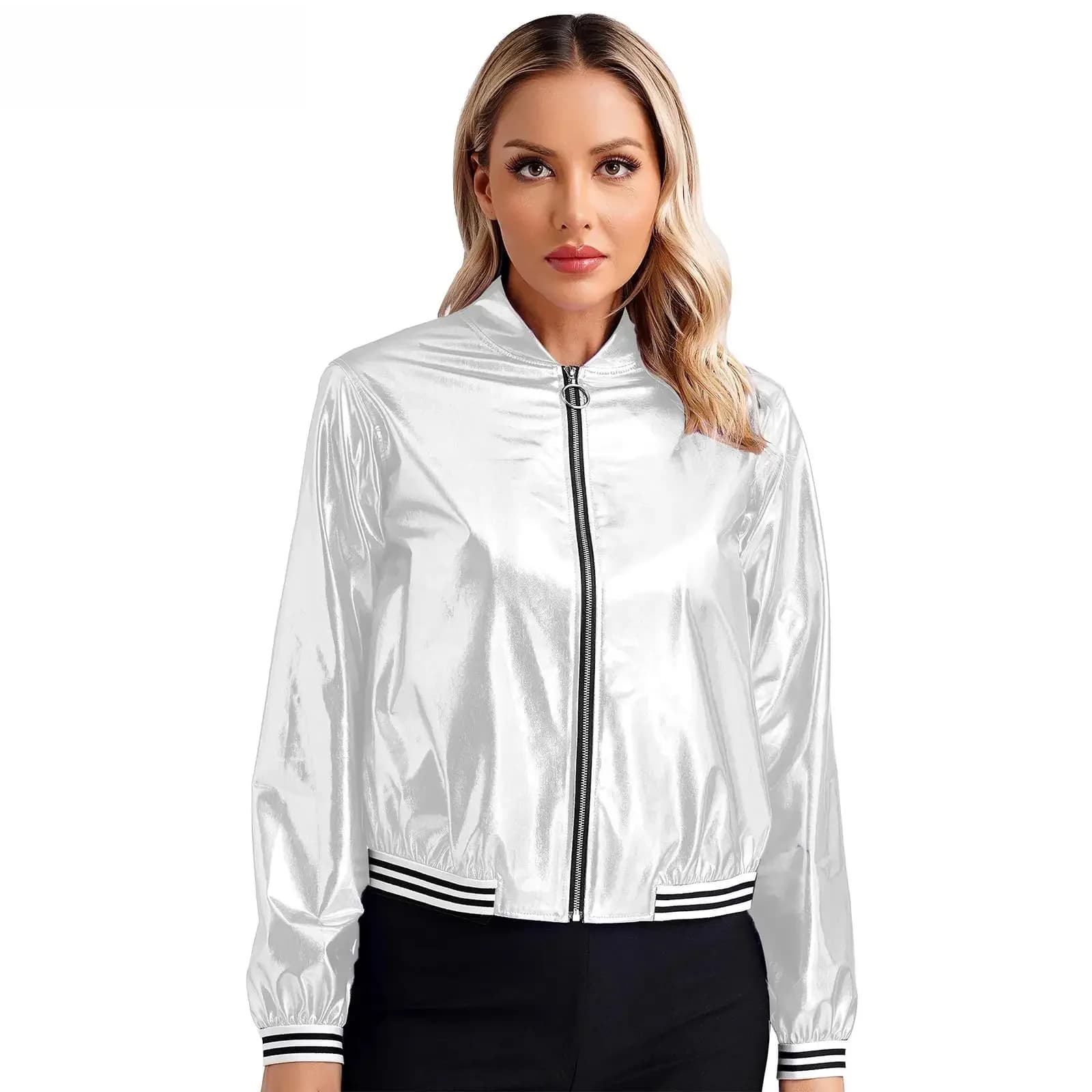 Women's Holographic Costumes Metallic Shiny Silver Bomber Jacket Long Sleeve Front Zipper Coat Carnival Rave Festival Outerwear