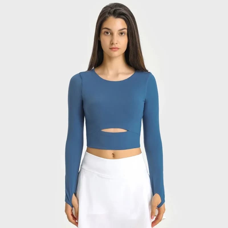 Solid Color Women Long Sleeve Yoga Shirt Tight Top Crop Stretch Sport Hollow Out Fitness Soft With Chest Pad T-shirt Thumb Jack
