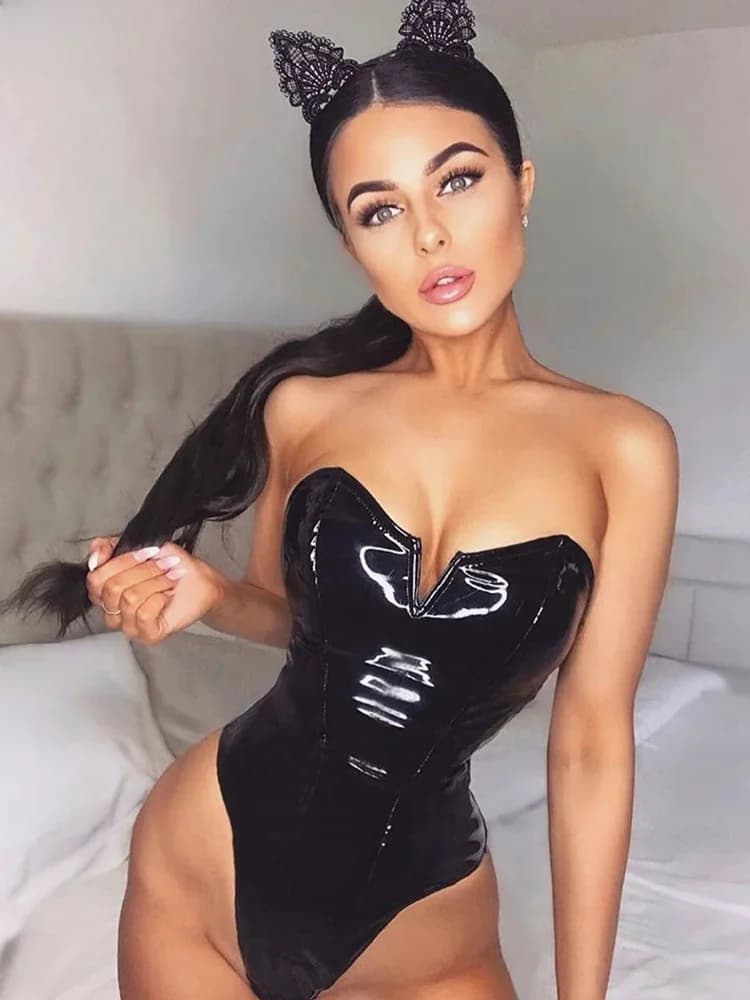 kliou  Black PU Leather Strapless backless sexy Bodysuit Women Tops faux fashion streets jumpsuit Black Casual Body Mujer Femme