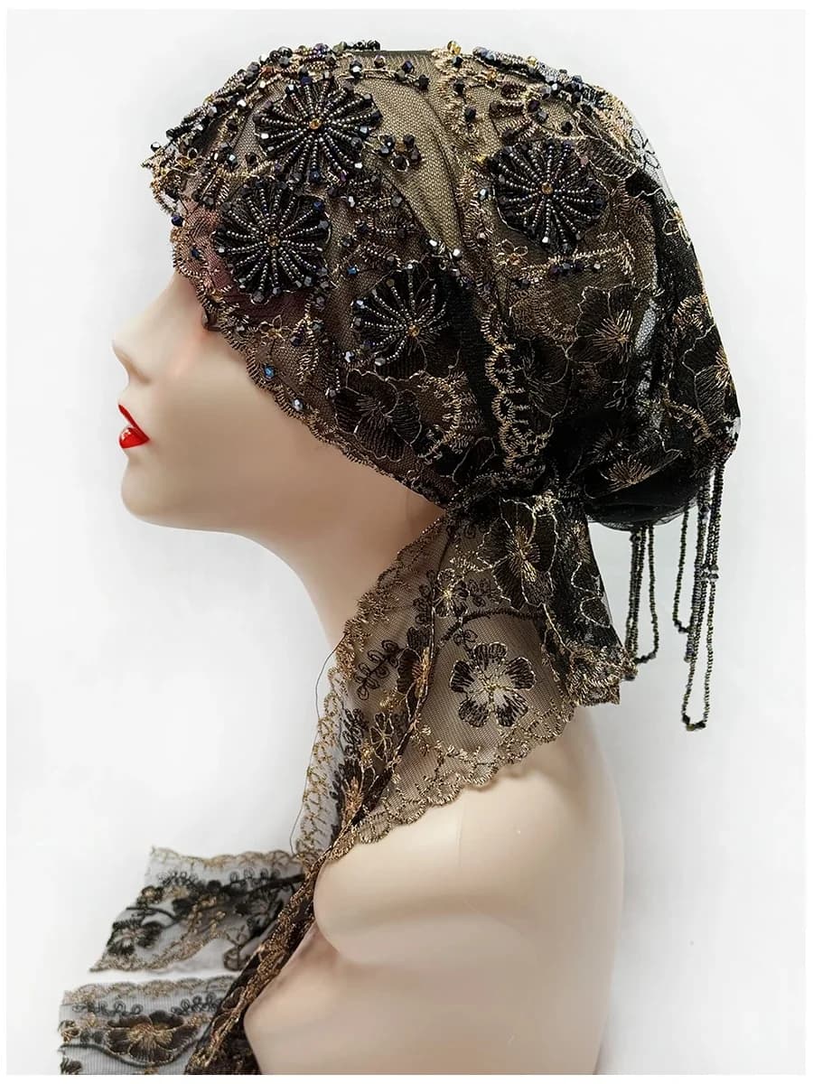 Ribbon Style Of 2025 Is A Mesh Fabric Bead Tube Paired With An Acrylic Diamond Thread Embroidered Hat For Dubai Arabian Women