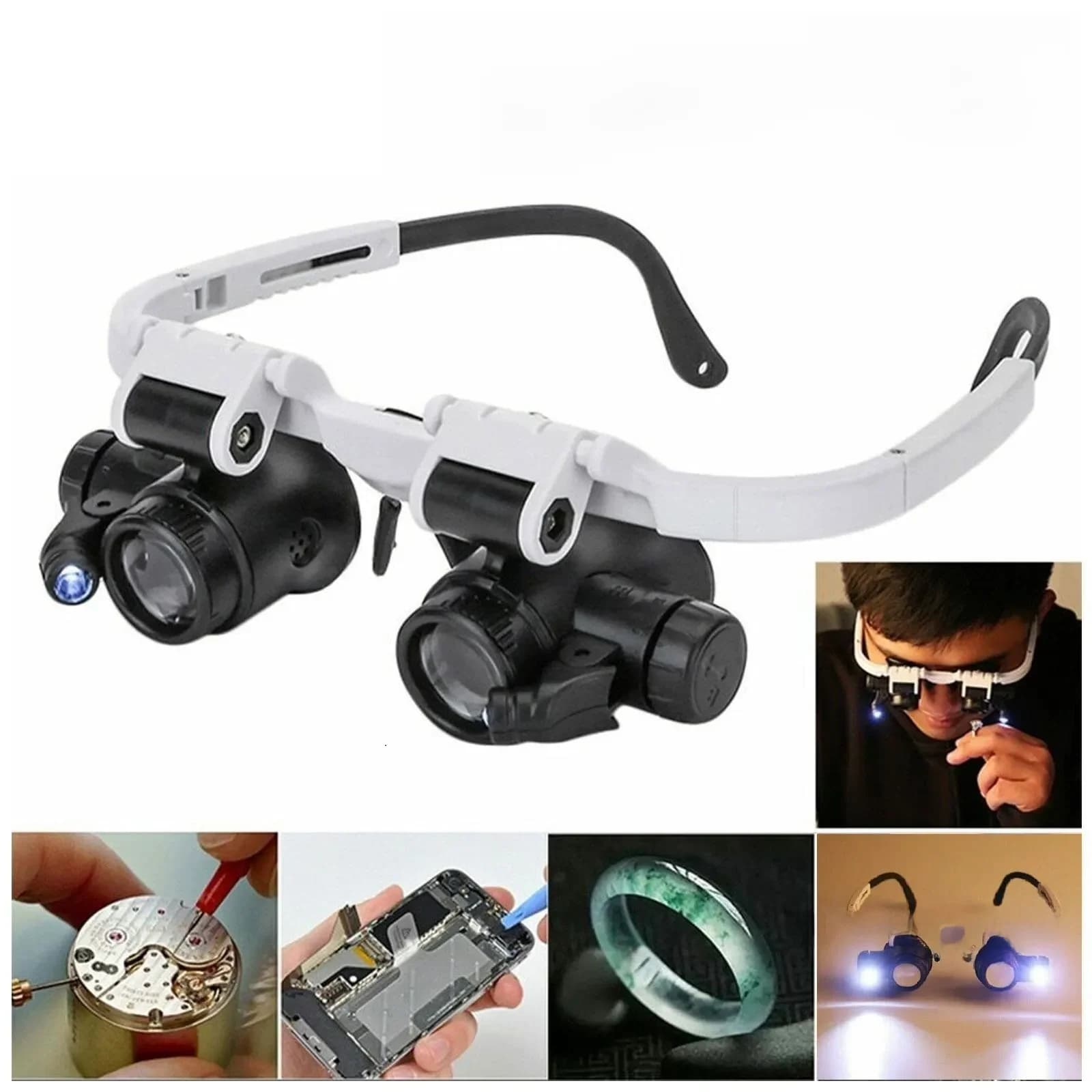 2XLED Watch Jeweler Repair Magnifier Head-Mounted Headband Adjustable Magnifying Head Eye Glasses Loupe Lens 8X 15X 23X