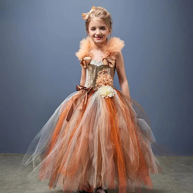 Handmade Girls Autumn Flower Fairy Tutu Dress Kids Glitter Sparkle Tulle Pageant Ball Gown Halloween Party Turkey Day Costume