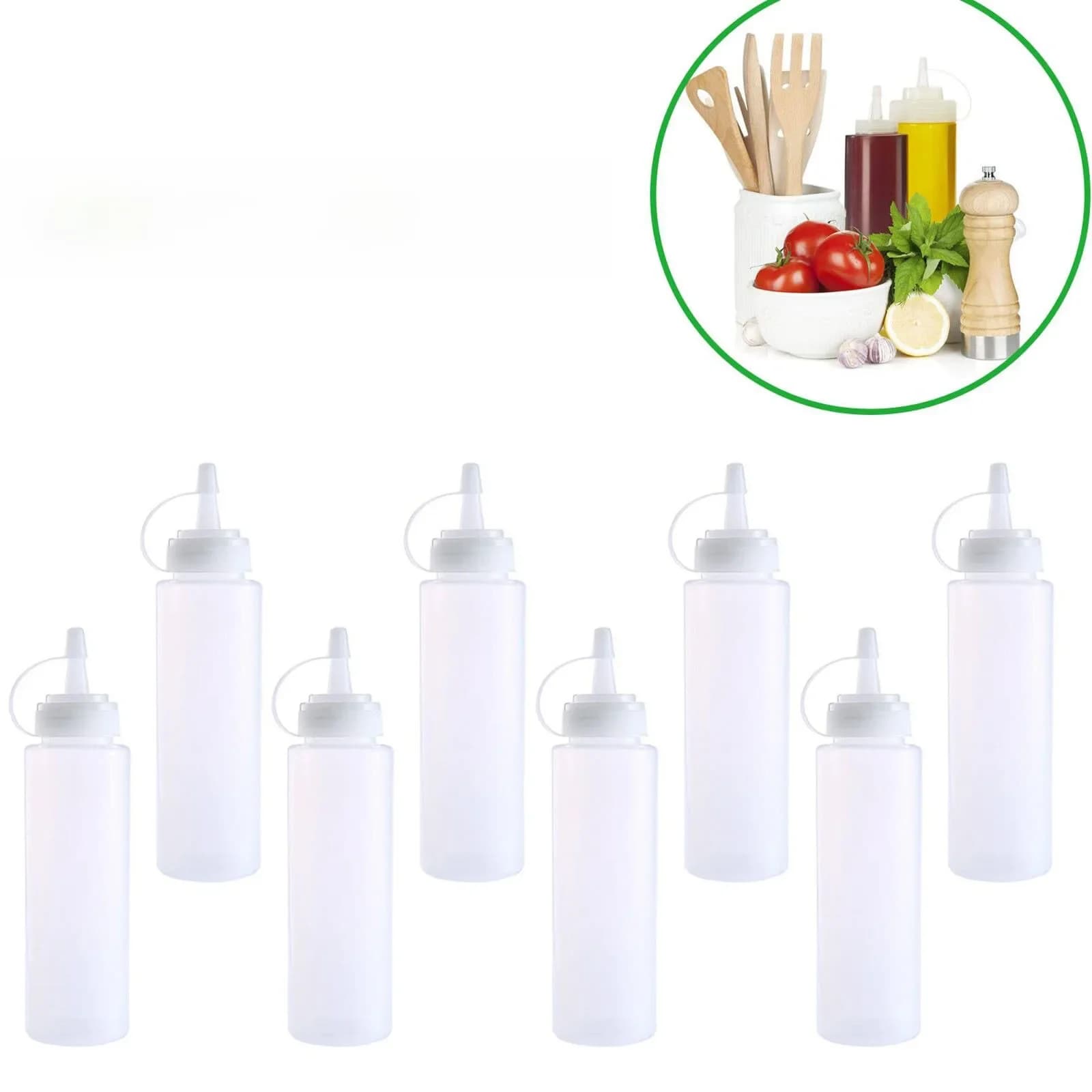 8-Pack Multipurpose Condiment Bottles For Dressing, More – Reusable Plastic Containers With Lids Dishwasher Safe By 8 Oz/240 Ml