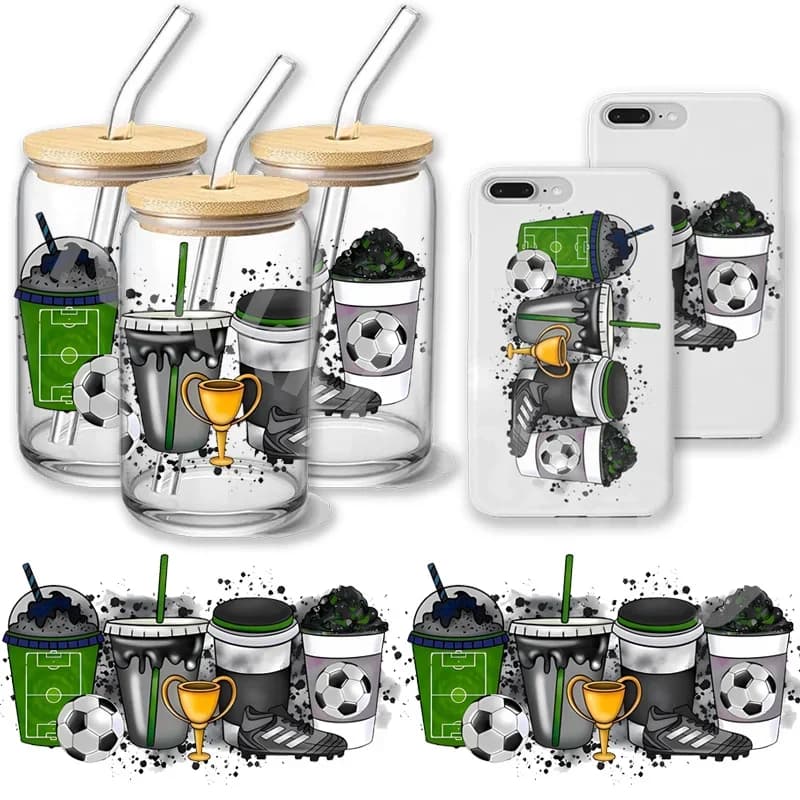Football Stickers UV DTF Cup Wrap 16oz Cup Wraps Coffee Printed for DIY Glass Ceramic Soccer Sun Protection and Waterproof ﻿Gift