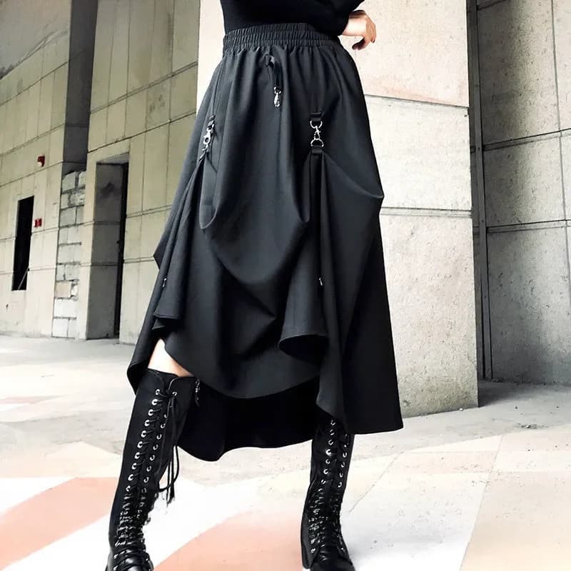 Plus Size Harajuku Punk Style Skirts Women High Waist Buckle Irregular Gothic Skirt Black Hip Hop Streetwear Freely Adjustable