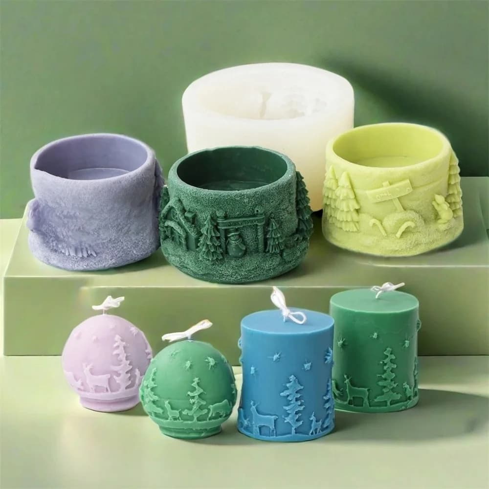 3D Christmas Relief Pillar Silicone Candle Mold DIY Christmas Scene Candle Holder Scented Candle Jar Concrete Gypsum Making Mold