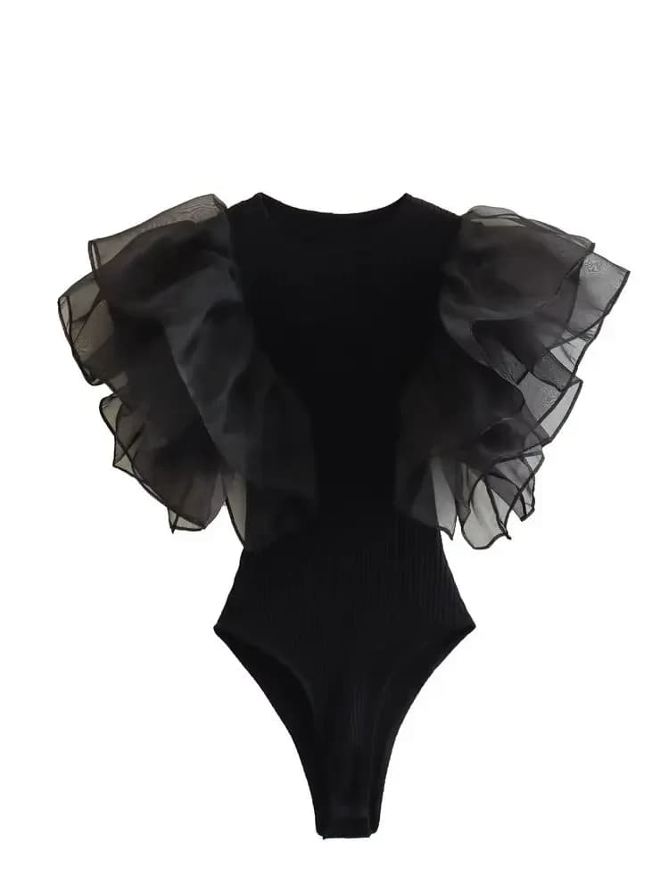 Willshela Women Fashion Black Ruffled Bodysuits Vintage O-Neck Sleeveless Female Chic Lady Tight Tops