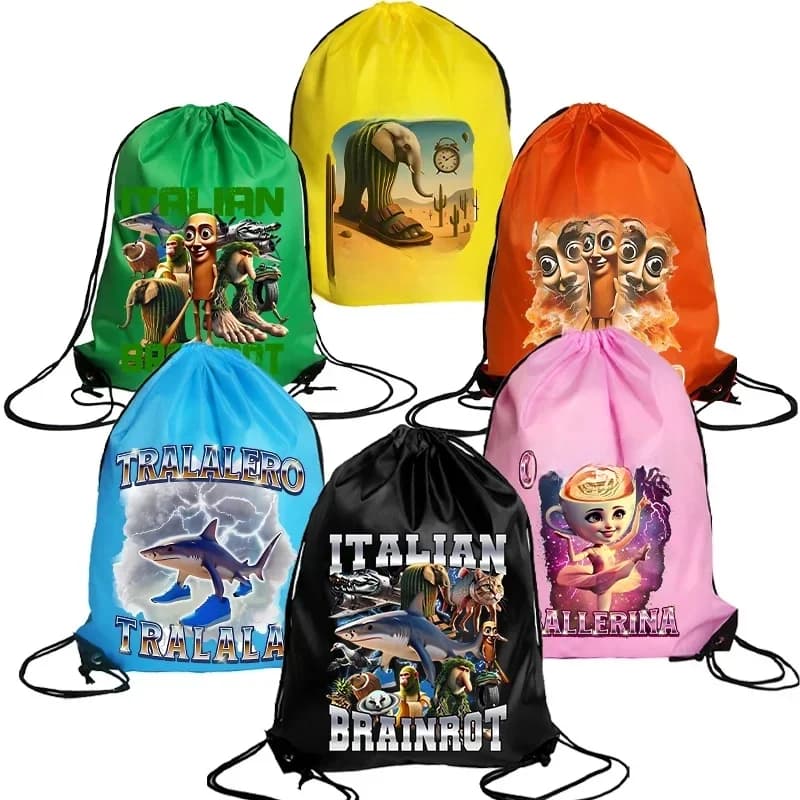 Italian Brainrot Drawstring Bag Backpack Cartoon Tung Tungtung Sahur Telala Funny Shark Print Storage Handbags Pocket Kids Gift