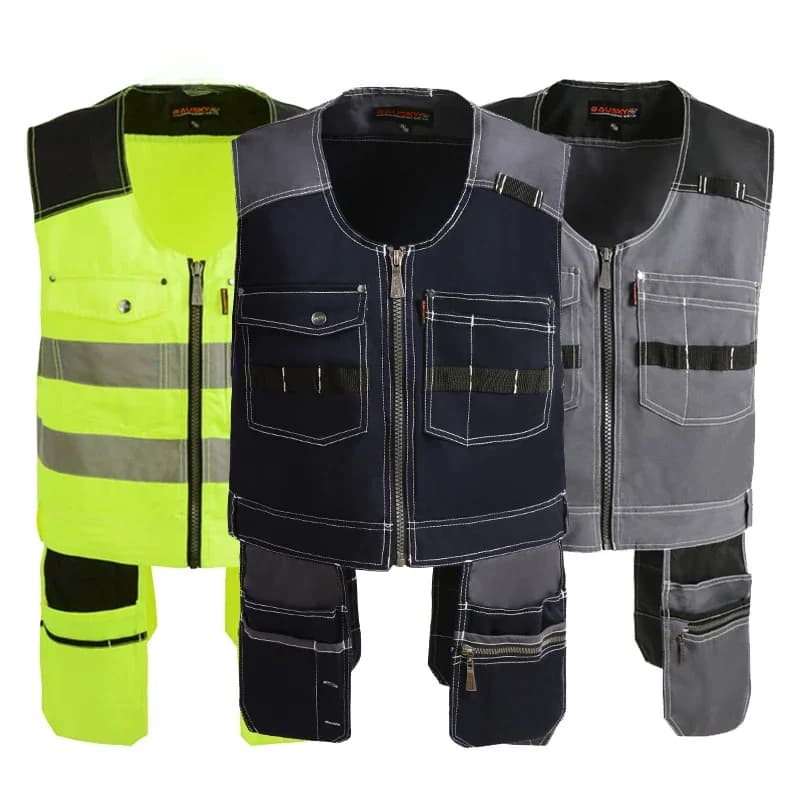 Bauskydd High Quality Men Male Female Outdoor Workwear Mens Work Vests Multifunction Tool Multi Pockets Vests Blue/Grey