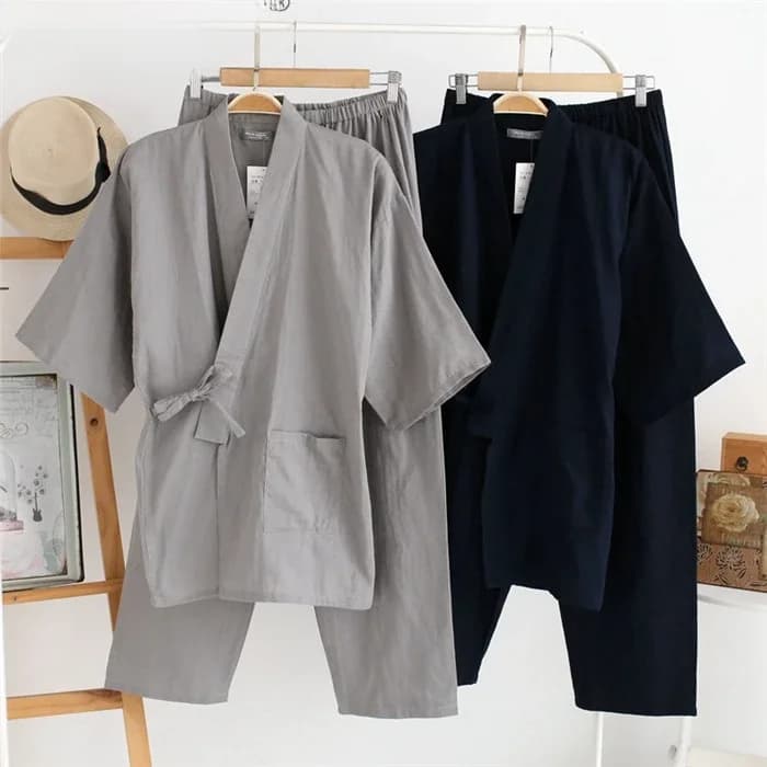 Men Traditional Japanese Pajamas Set Cotton Robe Pants Kimono Haori Yukata Nightgown Wmoen of Soft Gown Sleepwear Obi Outfits