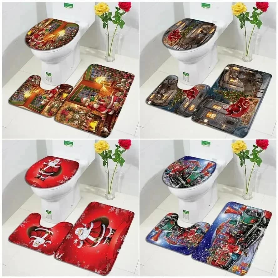 Christmas Bath Mat Set Funny Santa Clause Xmas Tree Vintage Train New Year Bathroom Decor Carpet Non-Slip Rugs Toilet Lid Cover